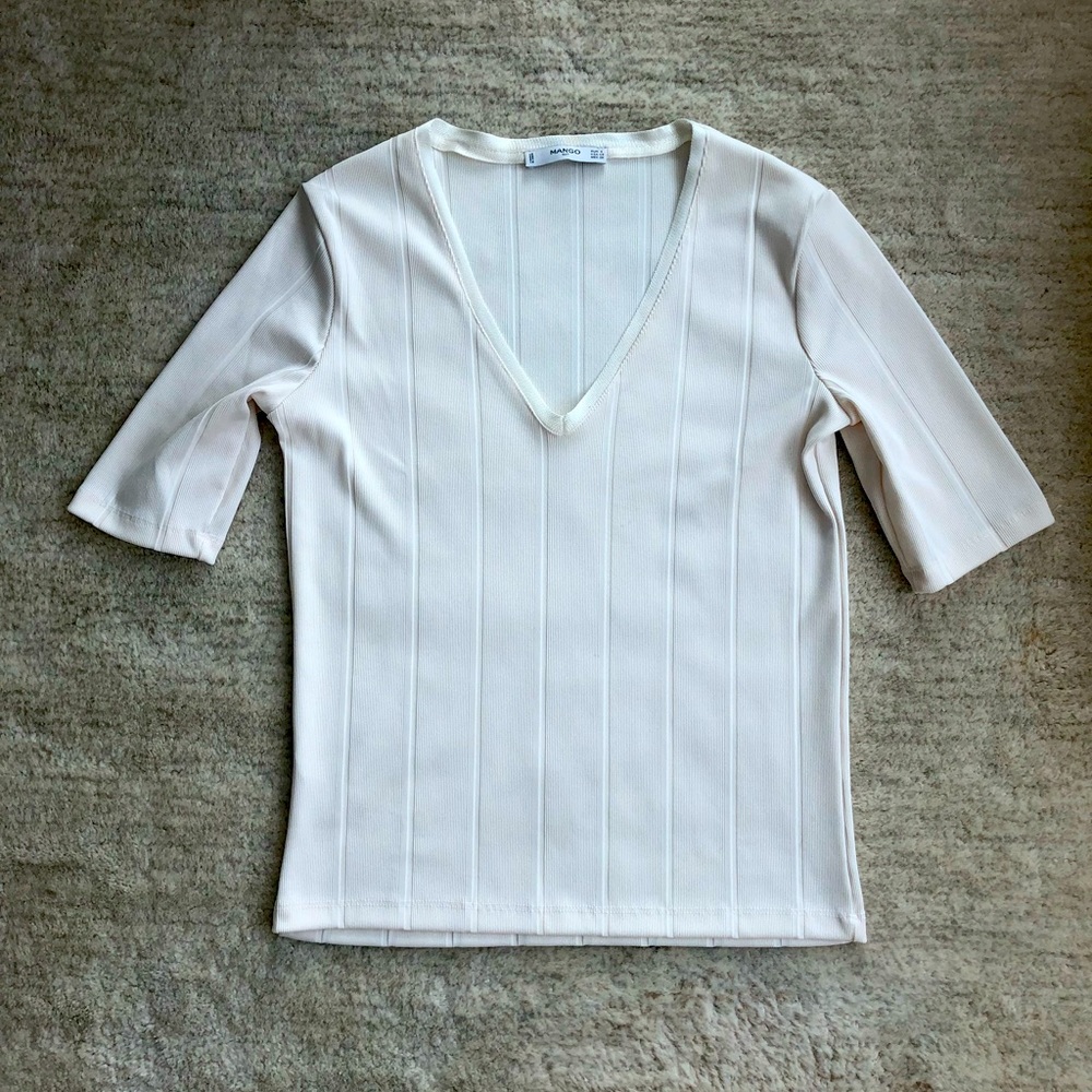 Mango Vertical Rib Light Cream Tee Sz XS/S